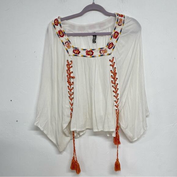Ban Jara White Copped Puff Sleeve Floral Embroidered Boho Blouse M - Picture 1 of 9